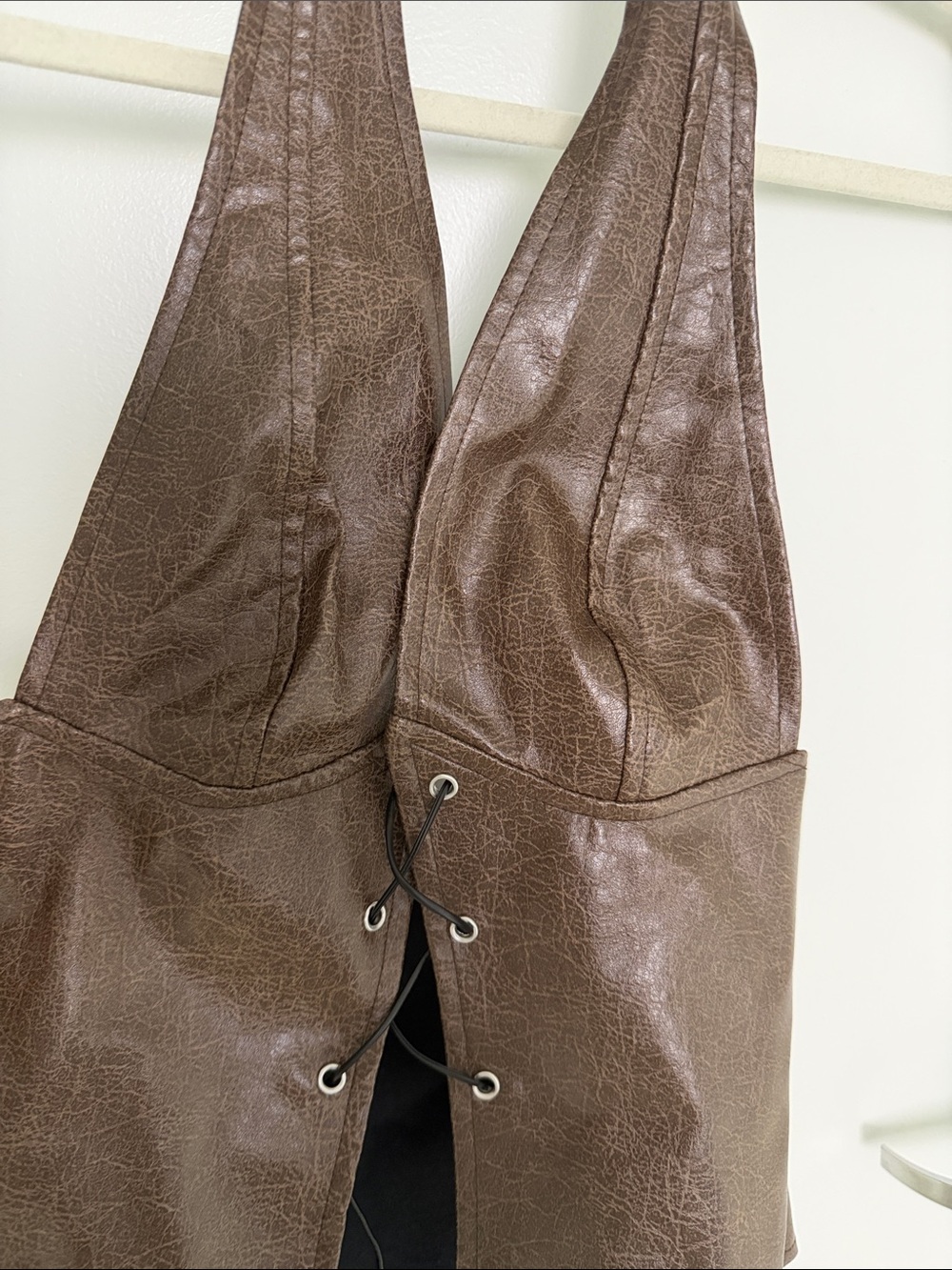 Brown Faux Leather Halter Lace-Up Top